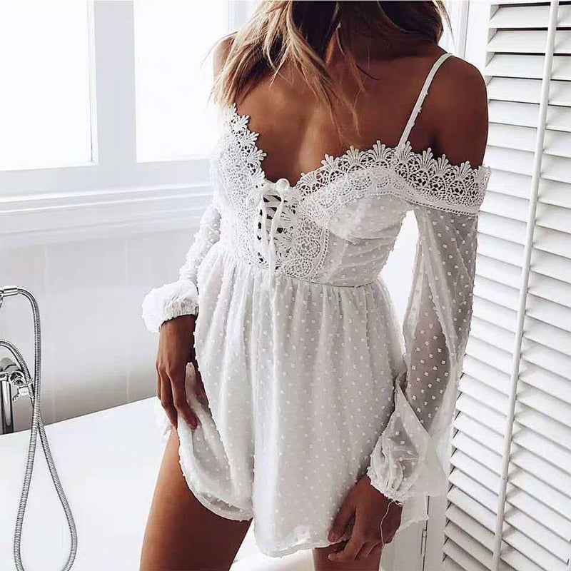 Off Shoulder Lace Appliques Women's Playsuit Long Lantern Sleeve V-neck Lace Up Fringed High Waist Romper Women Summer Clothes