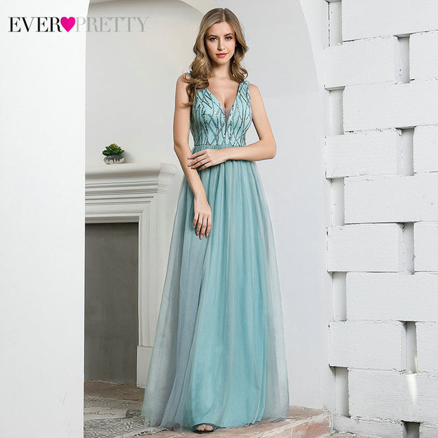 Sparkle Blue Prom Dresses Ever Pretty EP00774DB A-Line Deep V-Neck Sleeveless Sequined Tulle Sexy Party Gowns Vestidos De Gala