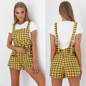 Summer Fashion Rompers Women Jumpsuit Holiday Casual Yellow Plaid Sleeveless Adjustable Straps Playsuits Overalls