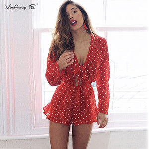 Mnealways18 Red Chiffon Polka Dot Jumpsuit Ruffle Women Sexy Beach Jumpsuit Short Romper Cotton Hollow Out Summer Jumpsuit 2020