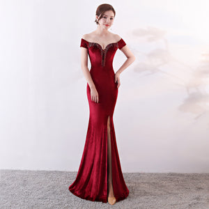 Velvet Long Evening Dress 2020 Off Shoulder Robe de Soiree Party Ladies Sexy Noble Prom Slit vestido largo fiesta noche elegante