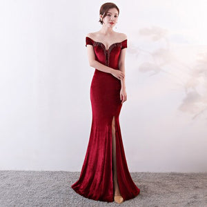 Velvet Long Evening Dress 2020 Off Shoulder Robe de Soiree Party Ladies Sexy Noble Prom Slit vestido largo fiesta noche elegante