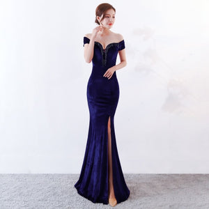 Velvet Long Evening Dress 2020 Off Shoulder Robe de Soiree Party Ladies Sexy Noble Prom Slit vestido largo fiesta noche elegante