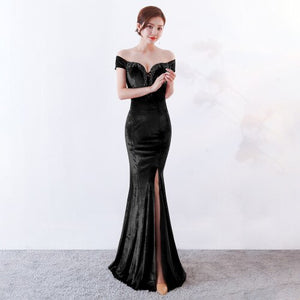 Velvet Long Evening Dress 2020 Off Shoulder Robe de Soiree Party Ladies Sexy Noble Prom Slit vestido largo fiesta noche elegante