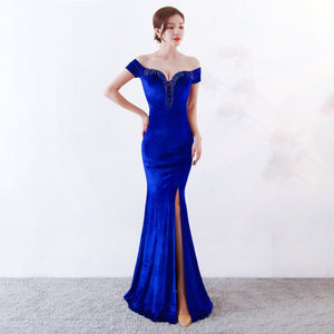 Velvet Long Evening Dress 2020 Off Shoulder Robe de Soiree Party Ladies Sexy Noble Prom Slit vestido largo fiesta noche elegante