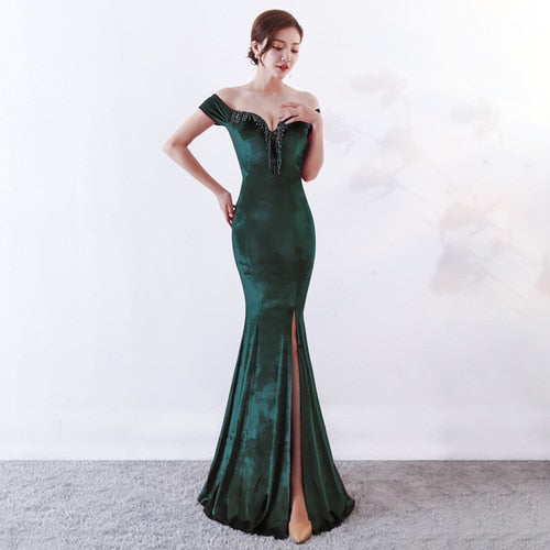 Velvet Long Evening Dress 2020 Off Shoulder Robe de Soiree Party Ladies Sexy Noble Prom Slit vestido largo fiesta noche elegante