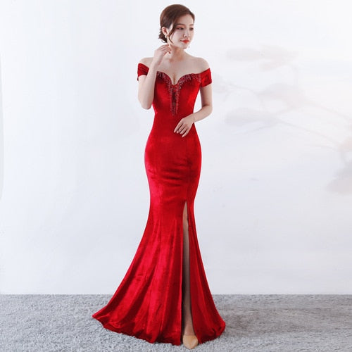 Velvet Long Evening Dress 2020 Off Shoulder Robe de Soiree Party Ladies Sexy Noble Prom Slit vestido largo fiesta noche elegante