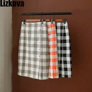 2020 Spring Plaid Skirt Women High Waist Single-breasted Midi Skirt Summer Vintage Black Casual Skirt LM6707