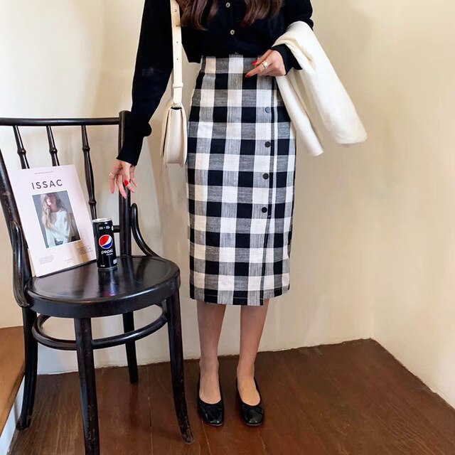 2020 Spring Plaid Skirt Women High Waist Single-breasted Midi Skirt Summer Vintage Black Casual Skirt LM6707