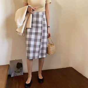 2020 Spring Plaid Skirt Women High Waist Single-breasted Midi Skirt Summer Vintage Black Casual Skirt LM6707