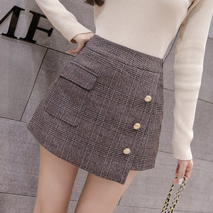 Autumn Pocket Wool Warm Winter Shorts Women 2020 Slim Fashion Button Plaid Skirt For Women Retro Women Plus Size Mini Skirts