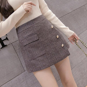 Autumn Pocket Wool Warm Winter Shorts Women 2020 Slim Fashion Button Plaid Skirt For Women Retro Women Plus Size Mini Skirts