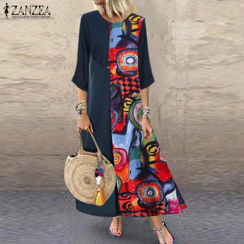 2020 ZANZEA Women's Printed Sundress Retro Stiching Maxi Dress Casual 3/4 Sleeve Party Vestidos Female Floral Robe Oversized 5XL