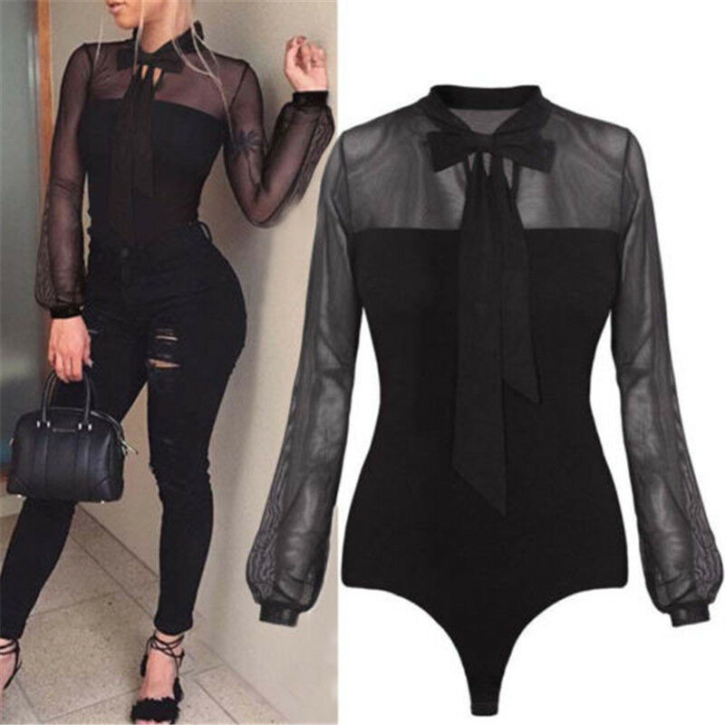 Fashion Women Bandage Tight Bodysuit Elegant Stretch Leotard Long Sleeve Body Tops T shirt Romper Sexy Party Club Streetwear